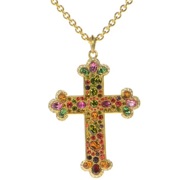 Kenneth Jay Lane KJL Multi-color Crystal Large Cross Pendant Necklace